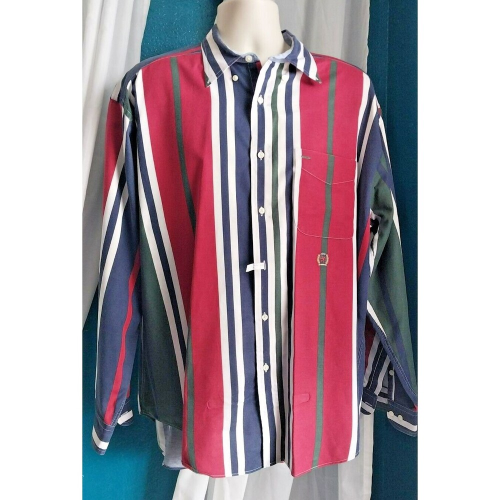 Vintage Tommy Hilfiger Y2K Crest Red Striped Long Sleeve Button Up Large